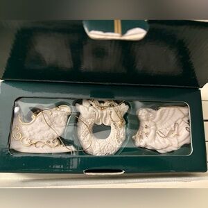 Vintage Porcelain Ornaments 24 Karat Touched New in Box sleigh wreath, angel